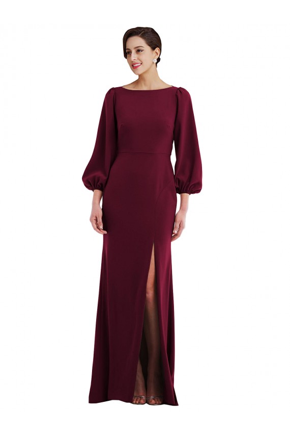 Online Bishop Sleeve Open Back Trumpet Crepe Prom Dress with Scarf Tie UK