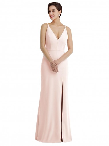 Online Skinny Strap Deep V-Neck Trumpet Crepe Prom Dress with Front Slit UK