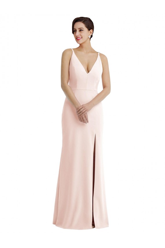 Online Skinny Strap Deep V-Neck Trumpet Crepe Prom Dress with Front Slit UK