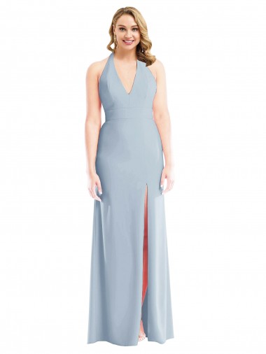 Online Plunge Neck Halter Backless Trumpet Prom Dress with Front Slit UK