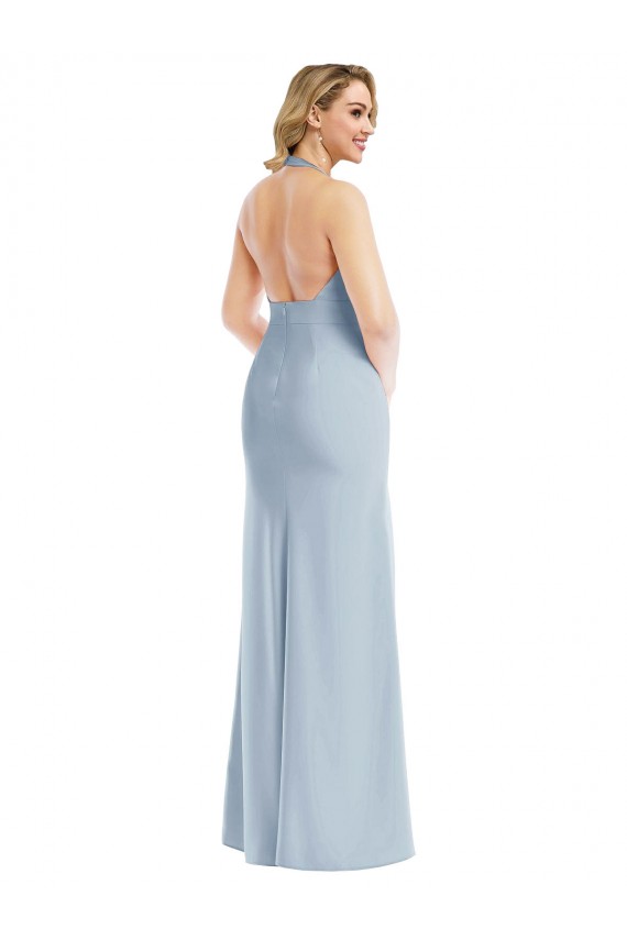 Online Plunge Neck Halter Backless Trumpet Prom Dress with Front Slit UK