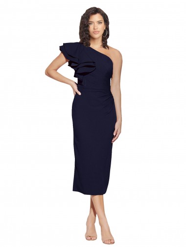 Online Ruched Midi Length Short Crepe Cocktail Prom Dress / Homecoming Dress with Shoulder Ruffles UK