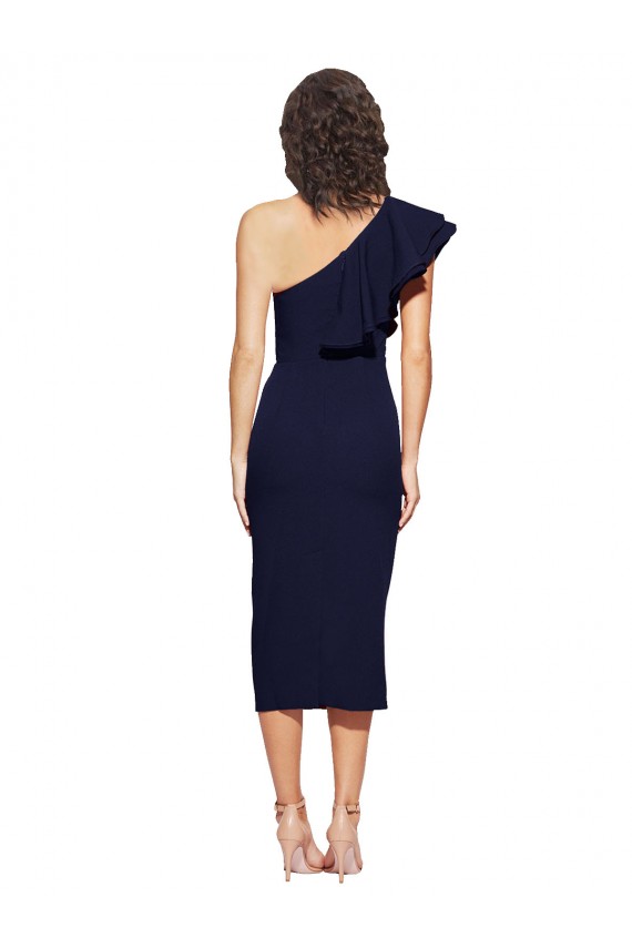 Online Ruched Midi Length Short Crepe Cocktail Prom Dress / Homecoming Dress with Shoulder Ruffles UK