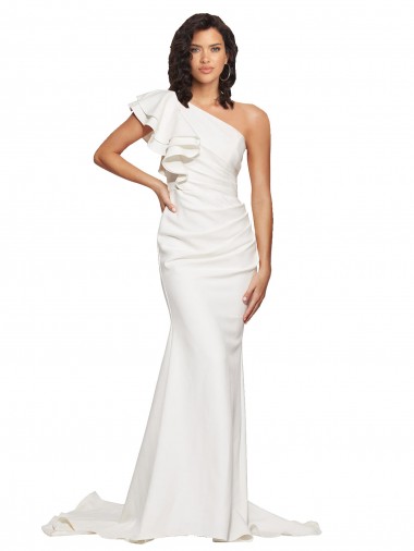 Online Ruched Long Sweep Train Crepe Prom Dress with Shoulder Ruffles UK