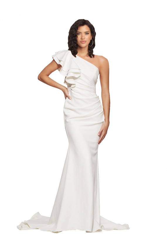 Online Ruched Long Sweep Train Crepe Prom Dress with Shoulder Ruffles UK