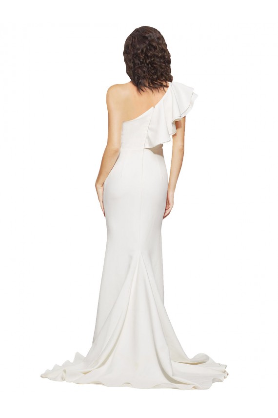 Online Ruched Long Sweep Train Crepe Prom Dress with Shoulder Ruffles UK