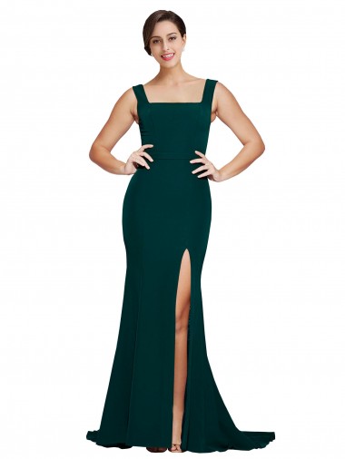 Online Fitted Square Neck Long Crepe Prom Dress with Train and Side Split UK