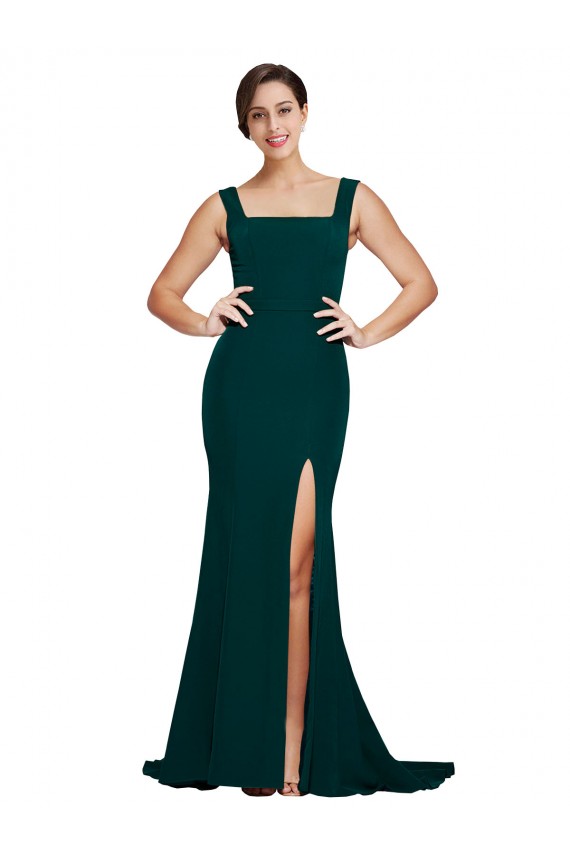 Online Fitted Square Neck Long Crepe Prom Dress with Train and Side Split UK