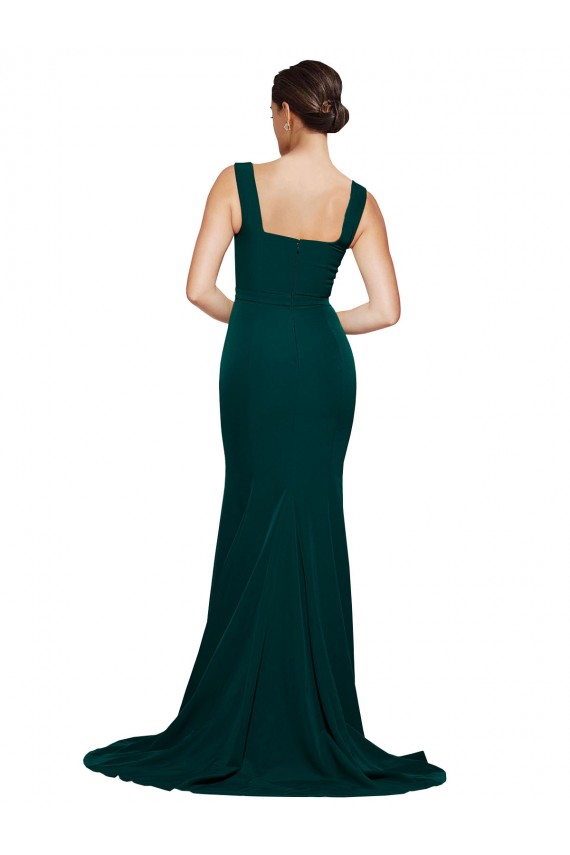 Online Fitted Square Neck Long Crepe Prom Dress with Train and Side Split UK