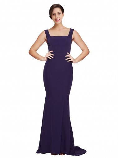 Online Square Neck Long Sweep Train Crepe Prom Dress with Thick Straps UK