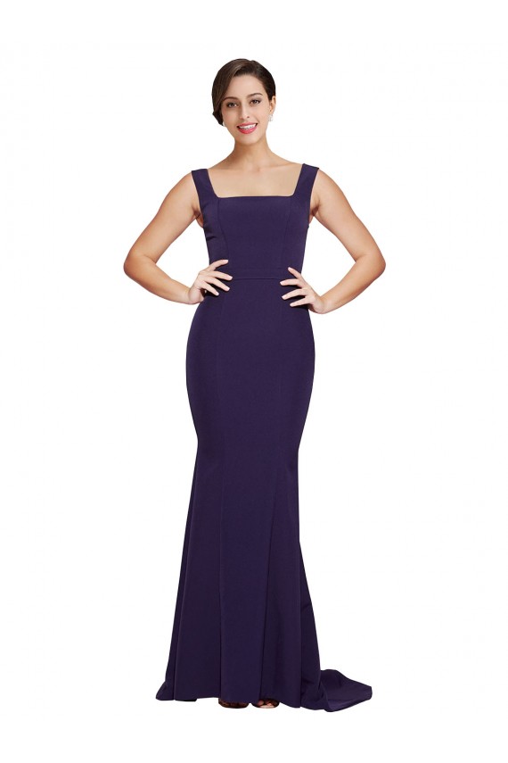 Online Square Neck Long Sweep Train Crepe Prom Dress with Thick Straps UK