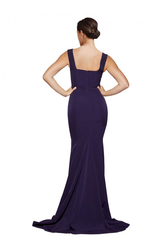 Online Square Neck Long Sweep Train Crepe Prom Dress with Thick Straps UK