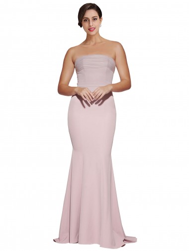 Online Straight Neck Long Strapless Crepe Prom Dress with Soft Tulle Overlay and Small Train UK