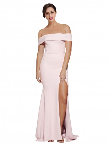 Online Off Shoulder Long Crepe Prom Dress with Straight Neckline and Side Split UK