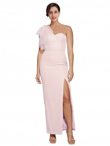 Online One Shoulder Tulle Overlay Sweetheart Neckline Long Crepe Prom Dress with Thigh Split UK