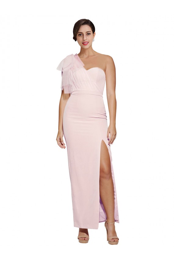 Online One Shoulder Tulle Overlay Sweetheart Neckline Long Crepe Prom Dress with Thigh Split UK