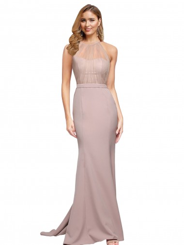 Online Long Sweetheart Crepe Prom Dress with High Neck Illusion Tulle Details UK