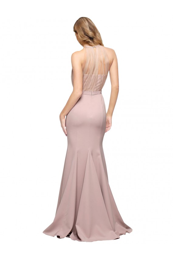 Online Long Sweetheart Crepe Prom Dress with High Neck Illusion Tulle Details UK