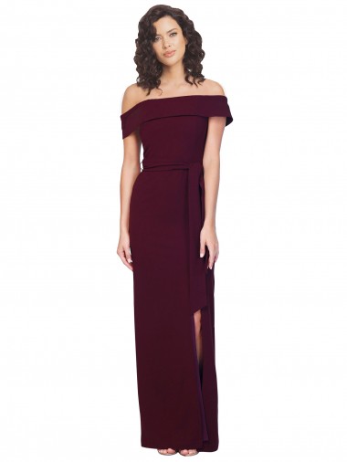 Online Fitted Full Length Off the Shoulder Crepe Prom Dress with Side Split and Waist Tie UK