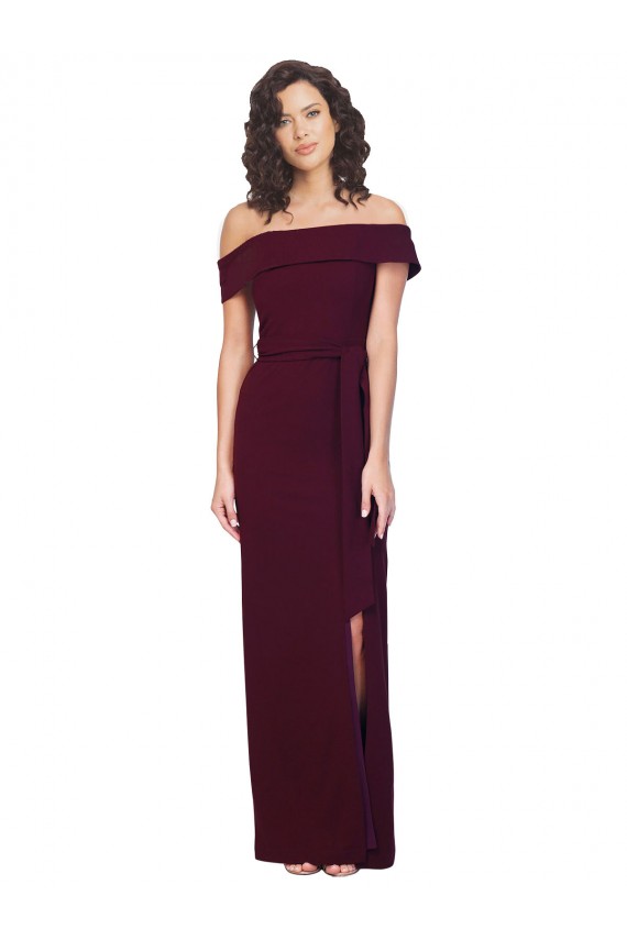 Online Fitted Full Length Off the Shoulder Crepe Prom Dress with Side Split and Waist Tie UK