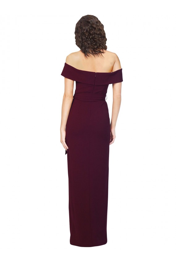 Online Fitted Full Length Off the Shoulder Crepe Prom Dress with Side Split and Waist Tie UK