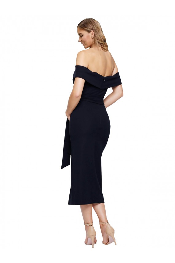 Online Fitted Short Midi Length Off the Shoulder Crepe Cocktail Prom Dress / Homecoming Dress with Side Split and Waist Tie UK