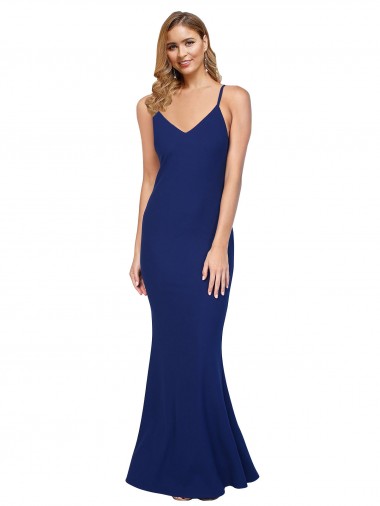 Online Full Length V-Neckline Crepe Prom Dress with Thin Straps and Fulted Skirt UK