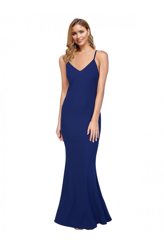 Online Full Length V-Neckline Crepe Prom Dress with Thin Straps and Fulted Skirt UK