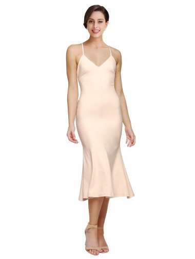 Online Midi Length V-Neckline Crepe Cocktail Prom Dress / Homecoming Dress with Thin Straps and Fulted Skirt UK