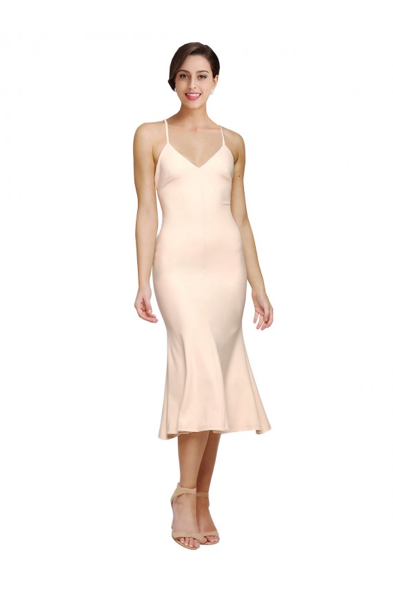 Online Midi Length V-Neckline Crepe Cocktail Prom Dress / Homecoming Dress with Thin Straps and Fulted Skirt UK