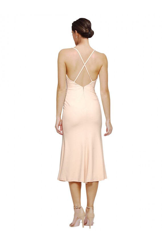 Online Midi Length V-Neckline Crepe Cocktail Prom Dress / Homecoming Dress with Thin Straps and Fulted Skirt UK