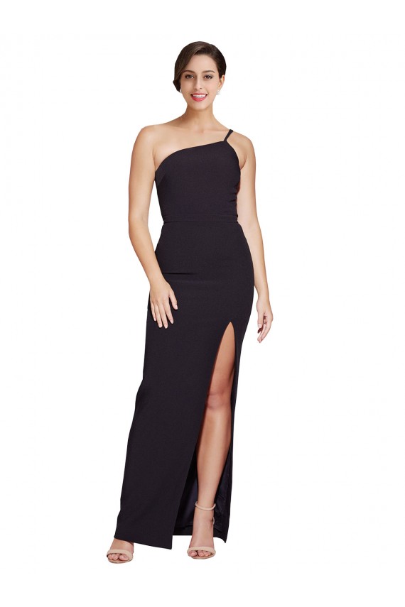 Online Long Floor Length Crepe Prom Dress with Side Split and One Strap UK