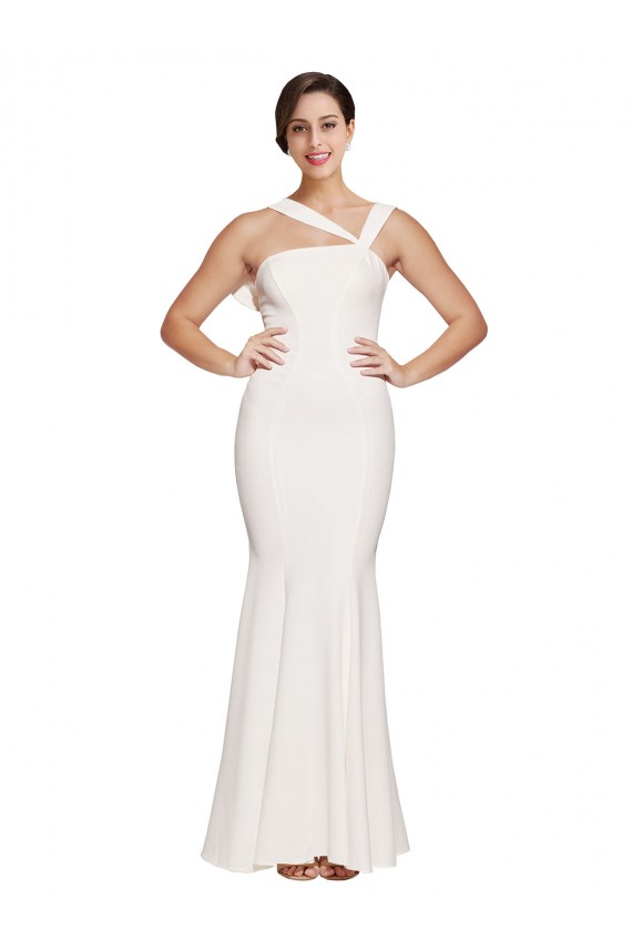 Online Full Length Square Neck Crepe Prom Dress with Asymmetrical Straps and Bow Back UK