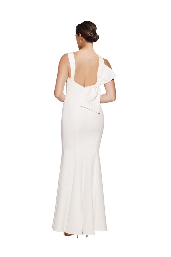 Online Full Length Square Neck Crepe Prom Dress with Asymmetrical Straps and Bow Back UK