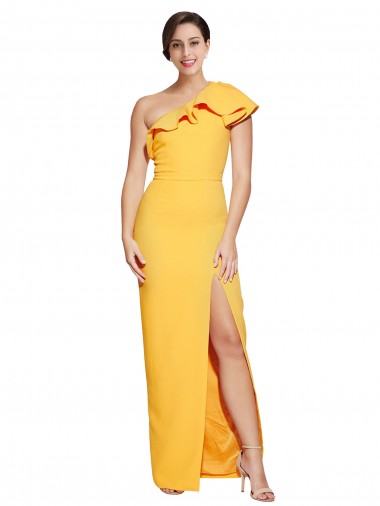 Online One Shoulder Floor Length Crepe Prom Dress with Thigh High Split UK