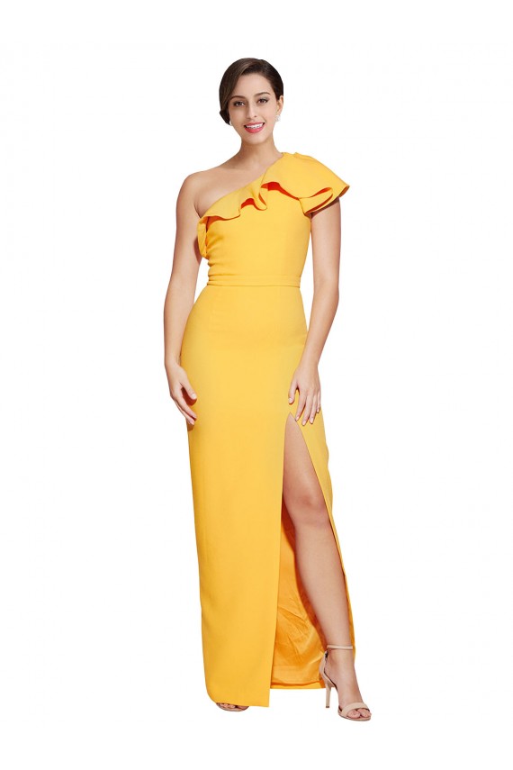 Online One Shoulder Floor Length Crepe Prom Dress with Thigh High Split UK
