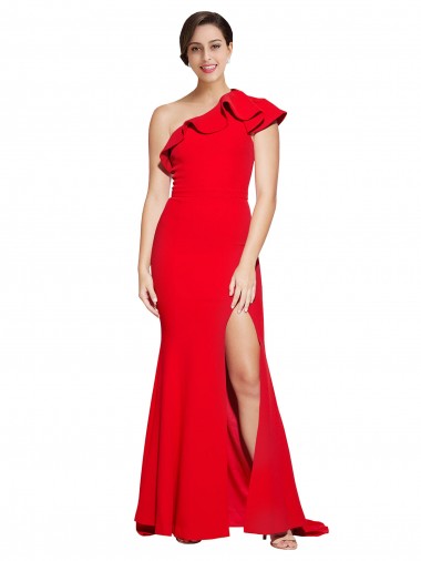 Online One Shoulder Long Sweep Train Crepe Prom Dress with Thigh High Split UK