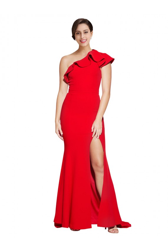 Online One Shoulder Long Sweep Train Crepe Prom Dress with Thigh High Split UK
