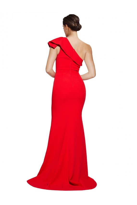 Online One Shoulder Long Sweep Train Crepe Prom Dress with Thigh High Split UK