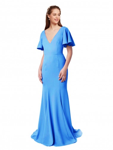Online Short Sleeves Long V-Neck Crepe Prom Dress with V-Back UK