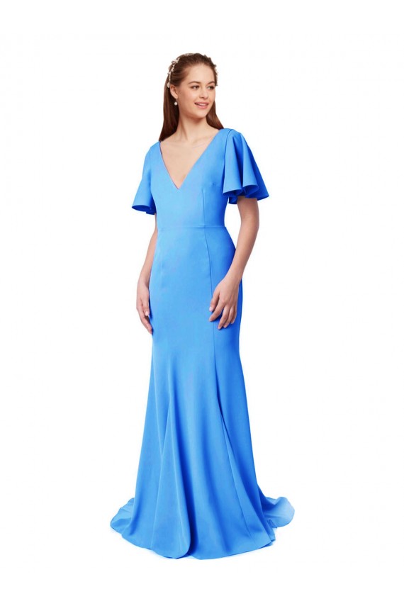Online Short Sleeves Long V-Neck Crepe Prom Dress with V-Back UK