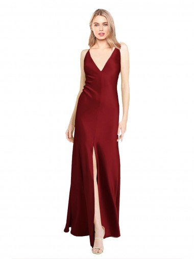 Online Floor Length Deep V-Back Stretch Satin Prom Dress with Front Slit UK