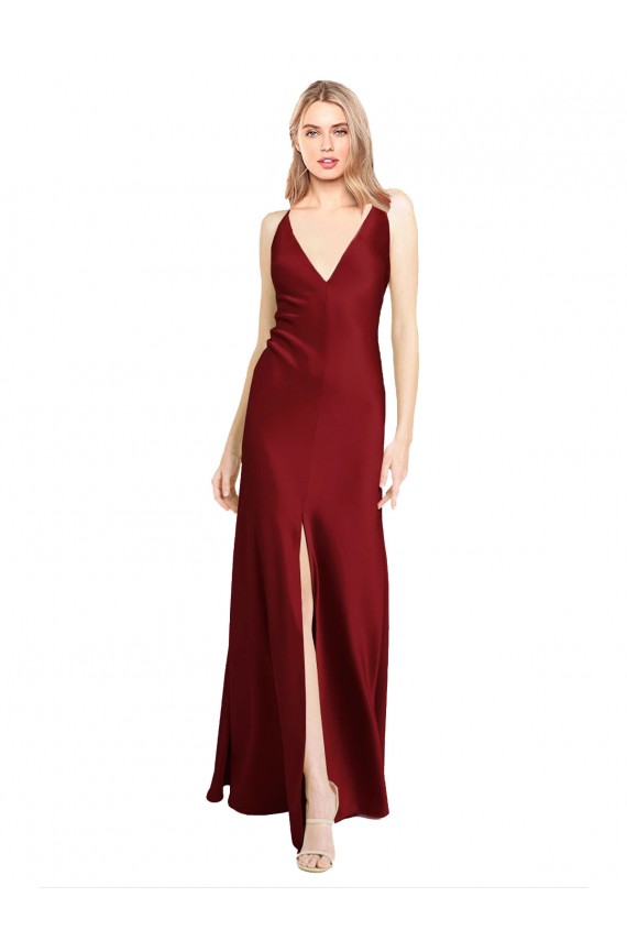 Online Floor Length Deep V-Back Stretch Satin Prom Dress with Front Slit UK