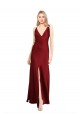 Online Floor Length Deep V-Back Stretch Satin Prom Dress with Front Slit UK