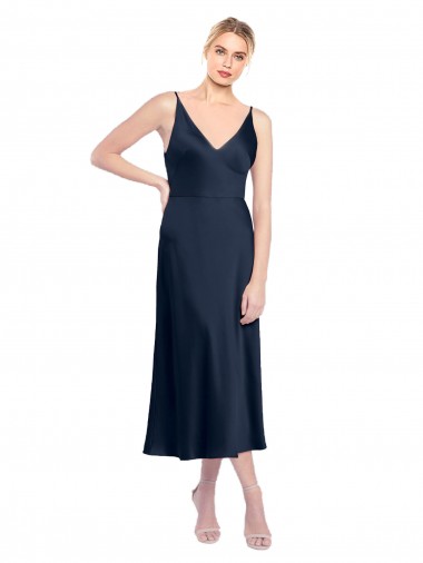 Online V-Neck Midi Length Short Stretch Satin Cocktail Prom Dress / Homecoming Dress V-Back UK