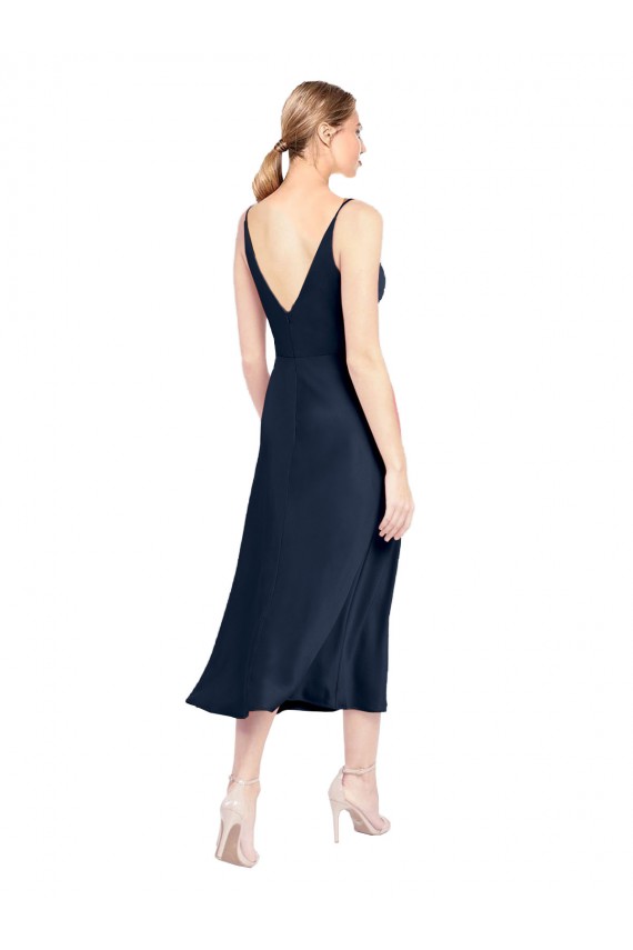 Online V-Neck Midi Length Short Stretch Satin Cocktail Prom Dress / Homecoming Dress V-Back UK
