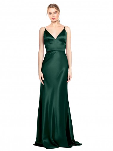 Online High V-Neck Long Full Length Sheath Stretch Satin Prom Dress UK