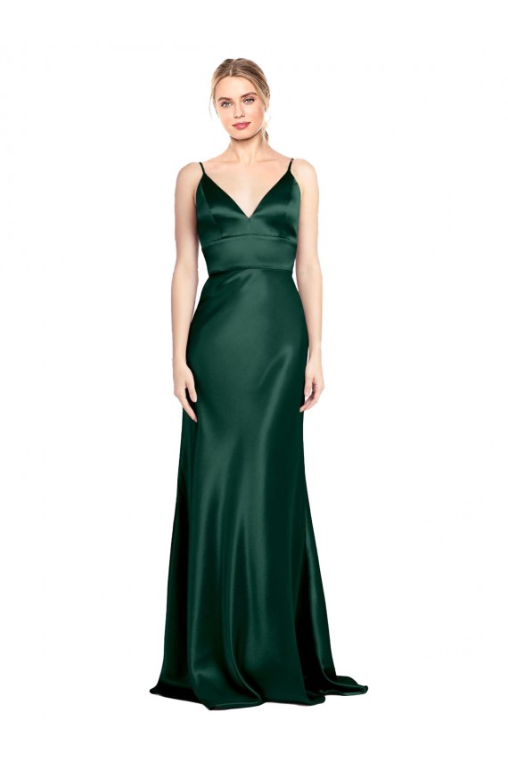 Online High V-Neck Long Full Length Sheath Stretch Satin Prom Dress UK