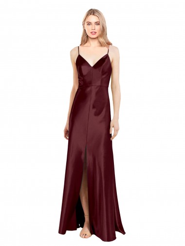 Online Sleek Spaghetti Straps V-Neck Stretch Satin Prom Dress with Center Front Slit UK