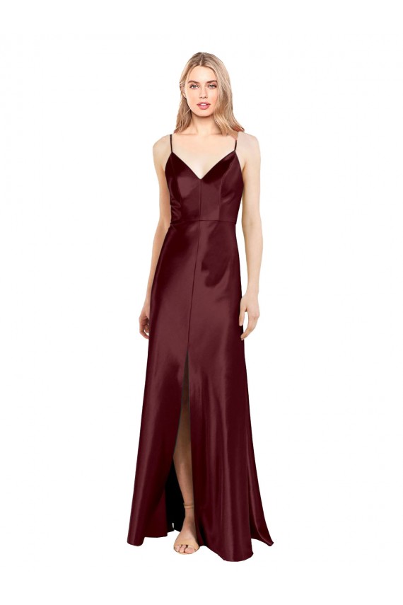 Online Sleek Spaghetti Straps V-Neck Stretch Satin Prom Dress with Center Front Slit UK